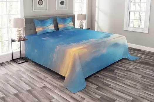 ABAKUHAUS Синий комплект покрывала, Ocean Horizon Clouds Sky, комплект с моющимися наволочками, для односпальных кроватей 220 x 220 см, синий