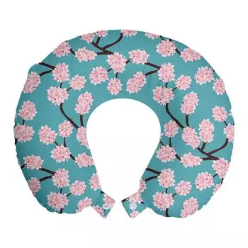 ABAKUHAUS Синяя и розовая дорожная подушка для шеи, Cherry Blossom, Пенопластовые дорожные принадлежности для самолета и автомобиля, 30x30 см, Морской, Синий, Коричневый Светло-Розовый