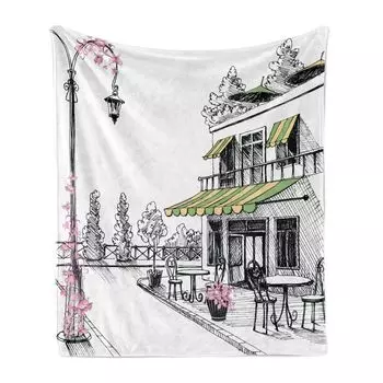 ABAKUHAUS Sketching Мягкое фланелевое флисовое одеяло, Эскиз парижской террасы со столиками и фонарем, 175 x 230 см, Угольно-серый белый