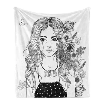ABAKUHAUS Sketching Мягкое фланелевое флисовое одеяло, мимолетный узор молодой женщины с множеством цветов и листьев в волосах, 175 x 230 см, Угольно-серый белый