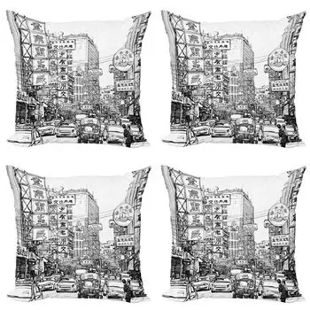 ABAKUHAUS Sketchy Набор чехлов для подушек (4 предмета), Street in Chinatown, современная двусторонняя цифровая печать, 45 см x 45 см, черный и белый