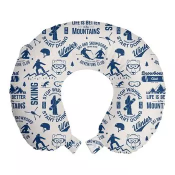 ABAKUHAUS Ski Pattern Дорожная подушка для шеи, люди-сноуборд-медведи, пенопластовые дорожные принадлежности для самолета и автомобиля, 30x30 см, яичная скорлупа и темно-голубой