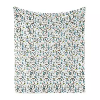 ABAKUHAUS Ski Pattern Мягкое фланелевое флисовое одеяло, детский зимний рисунок, уютный плюш для использования в помещении и на улице, 125 x 175 см, белый многоцветный