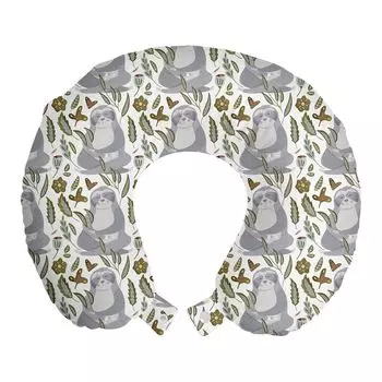 ABAKUHAUS Sloth Travel Pillow Подушка для шеи, Ленивое животное в осеннем мотиве, пенопластовый дорожный предмет для самолета и автомобиля, 30x30 см, белый и разноцветный