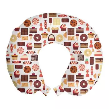 ABAKUHAUS Snack Bar Travel Pillow Neck Support, Graphics by Tasty Foods, Пенопластовые дорожные принадлежности для самолетов и автомобилей, 30x30 см, Разноцветные