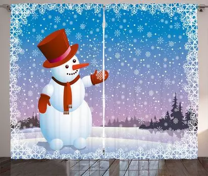 ABAKUHAUS Снеговик Деревенская штора Happy Cartoon Snowfalls Спальная занавеска с рюшами и петлями и крючками 280 x 225 см Разноцветная
