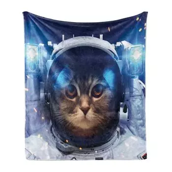 ABAKUHAUS Space Cat Мягкое фланелевое флисовое одеяло, тема кошки-космонавта. Забавная иллюстрация на научные темы, исследование Вселенной, 175 x 230 см, разноцветное.