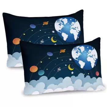 ABAKUHAUS Space Чехлы для подушек, набор из 2 шт., Elements of the Galaxy Planets Clouds the Moon Rotating, чехол для подушки с декоративным принтом, 80 x 40 см, темно-бирюзовыйовый синий белый