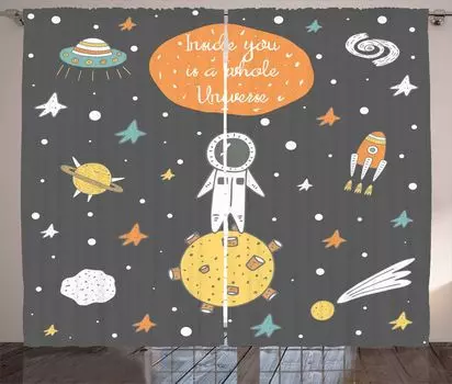 ABAKUHAUS Space Curtain Curtain, Doodle Astronaut, универсальные ленточные шторы для гостиной с петлями и крючками, 280 x 245 см, разноцветные