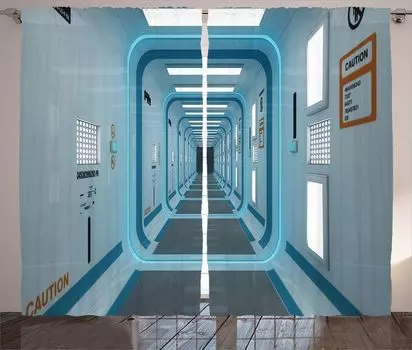 ABAKUHAUS Space Rustic Curtain, Галактический принт НЛО, Универсальные ленточные шторы для гостиной с петлями и крючками, 280 x 260 см, Белый Синий