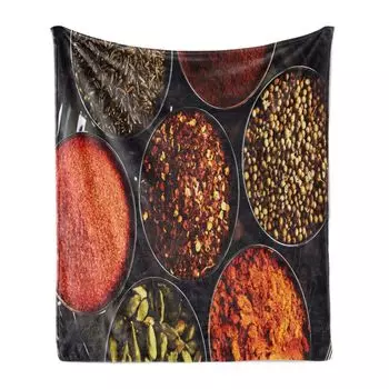 ABAKUHAUS Spice Мягкое фланелевое флисовое одеяло, кулинарные добавки и кухонные принадлежности Миски с традиционным элементом для специй, вид сверху, 175 x 230 см, разноцветные
