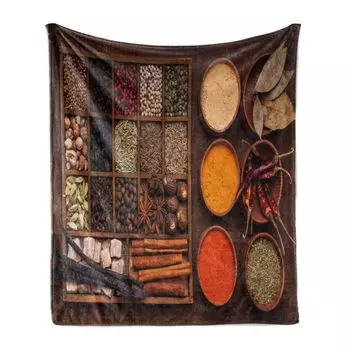 ABAKUHAUS Spice Мягкое фланелевое флисовое одеяло, перец Кардамон Чили Корица Гвоздика Чеснок Куркума и другие в деревянной коробке, 175 х 230 см, разноцветные