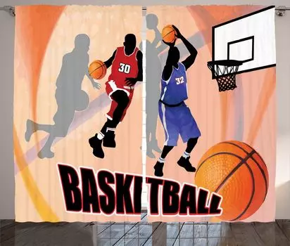 ABAKUHAUS Sport Rustic Curtain, Vintage Basketball Art, Универсальные ленточные шторы для гостиной с петлями и крючками, 280 x 260 см, Оранжево-черный, оранжевый