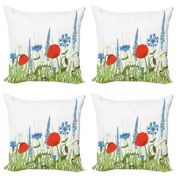 ABAKUHAUS Spring Комплект чехлов для подушек (4 предмета), Bloomed Poppy Blu, современная двусторонняя цифровая печать, 45 см x 45 см, Яблочно-зеленый, лазурно-синий