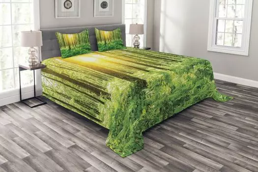 ABAKUHAUS Spring Комплект покрывала, Natural Leaves Forest, комплект с моющимися наволочками, для односпальных кроватей 264 x 220 см, желто-зеленый