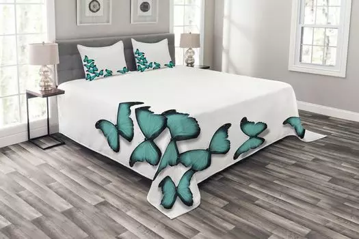 ABAKUHAUS Spring Комплект покрывала, Sunny Butterflies Morphs, Комплект с моющимися наволочками, для односпальных кроватей 264 x 220 см, Черный Бирюзовый