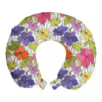 ABAKUHAUS Spring Подушка для путешествий, поддержка шеи, красочная сетка Hibiscus Flora, пенопластовые дорожные принадлежности для самолета и автомобиля, 30x30 см, разноцветные