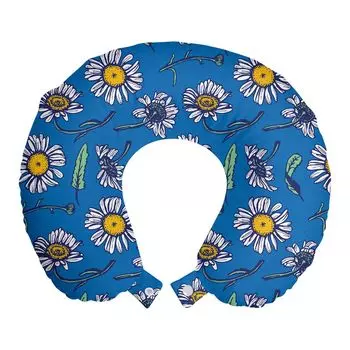 ABAKUHAUS Spring Travel Pillow Подушка для шеи, каракули с лепестками ромашки, пенопластовые дорожные принадлежности для самолета и автомобиля, 30x30 см, Синий Белый Земляной Желтый