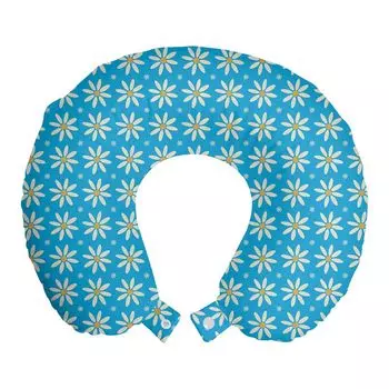 ABAKUHAUS Spring Travel Подушка для шеи, Blooming Daisy on Blue, Пенопластовые дорожные принадлежности для самолета и автомобиля, 30x30 см, Лазурно-сине-желтый