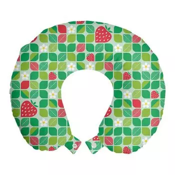 ABAKUHAUS Spring Travel Подушка для шеи, Daisy Strawberry Leaves Art, Пенопластовые дорожные принадлежности для самолета и автомобиля, 30x30 см, Темно-кораллово-лаймовый зеленый