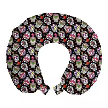 ABAKUHAUS Sugar Skull Travel Pillow Подушка для шеи, Цветы сахарного черепа, Пенопластовые дорожные принадлежности для самолета и автомобиля, 30x30 см, Разноцветные