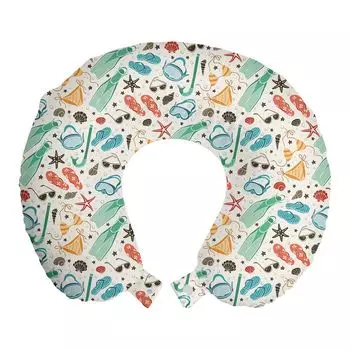 ABAKUHAUS Summer Travel Pillow Подушка для шеи, пляжные аксессуары и ракушки, пенопластовые дорожные принадлежности для самолета и автомобиля, 30x30 см, разноцветные цвета слоновой кости