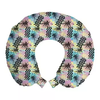 ABAKUHAUS Summer Travel Подушка для шеи, зигзаги в стиле ретро Memphis Palms, пенопластовые дорожные принадлежности для самолетов и автомобилей, 30x30 см, разноцветный кока-серый