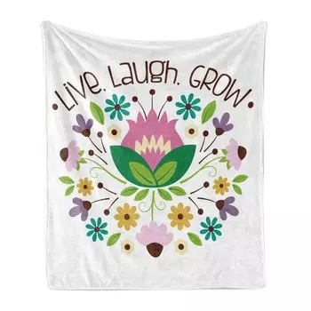 ABAKUHAUS Sun Hat Мягкое фланелевое флисовое одеяло, фраза Live Laugh Grow с различными цветочными мотивами на однотонном фоне, 175 x 230 см, Разноцветный