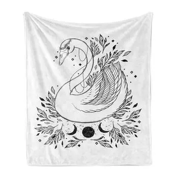 ABAKUHAUS Swan Мягкое фланелевое флисовое одеяло, листья Mystic Art и лунная декоративная птица в контурном стиле, 175 x 230 см, угольно-серый и белый