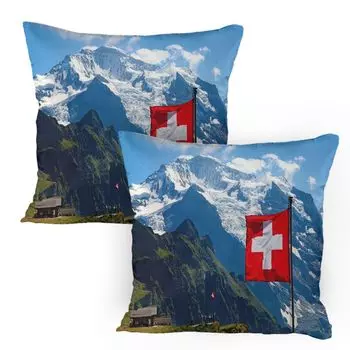 ABAKUHAUS Switzerland Чехлы на подушку, набор из 2 шт., Мужские горы региона Юнгфрау со снегом и национальным флагом, весенний сезон, Чехол для подушки с декоративным принтом, 80x80 см, разноцветный