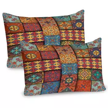 ABAKUHAUS Talavera Чехлы на подушку, набор из 2 шт., красочная объемная плитка с изображением квадратов в этническом стиле азулежу, чехол для подушки с декоративным принтом, 80 x 40 см, многоцветный