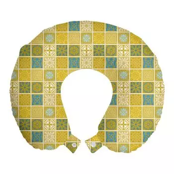 ABAKUHAUS Talavera Дорожная подушка для шеи, фольклорные сложные квадраты, пенопластовый дорожный предмет для самолета и автомобиля, 30x30 см, темно-желтый многоцветный