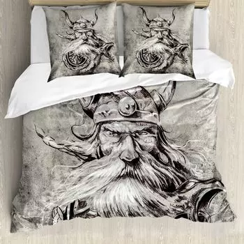 ABAKUHAUS Tattoo Пододеяльник, Fugitive Viking Warrior, защита от клещей, подходит для аллергиков с наволочками, 155 см x 220 см - 80 x 80 см, серый и белый
