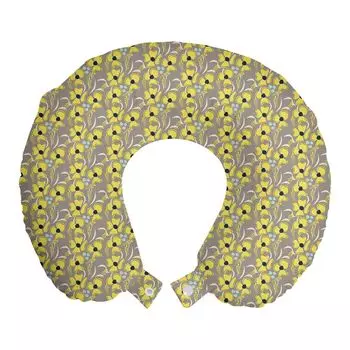 ABAKUHAUS Taupe Travel Pillow Поддержка шеи, Meadow Inspired Spring, пенопластовые дорожные принадлежности для самолета и автомобиля, 30x30 см, Желтый индиго Taupe