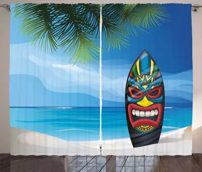 ABAKUHAUS Tiki Bar Занавеска в деревенском стиле, Tiki Surfboard, Ленточная занавеска с рюшами и петлями для спальни, 280 x 225 см, Разноцветная