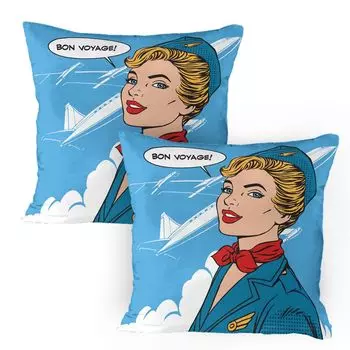 ABAKUHAUS Travel Чехлы для подушек, набор из 2 шт., Bon Voyage Stewardess Airplane Travel Pop Art Retro Style Aviation Transport, Чехол для подушки с декоративным принтом, 80 x 80 см, разноцветный