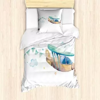 ABAKUHAUS Travel комплект пододеяльников для односпальных кроватей, детская, самолет, облачная звезда, защита от клещей, подходит для аллергиков, с наволочкой, 135 см x 200 см - 80 x 80 см, белый многоцветный