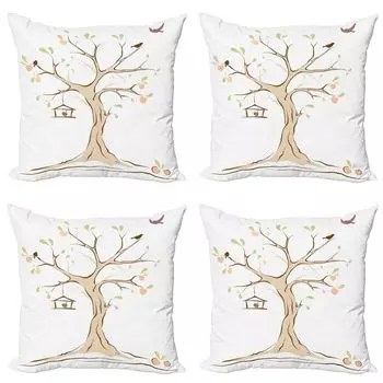 ABAKUHAUS Tree of Life Набор чехлов для подушек (4 предмета), Apple Flying Birds Art, современная двусторонняя цифровая печать, 60 x 60 см, многоцветный