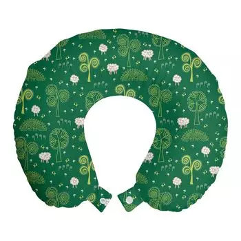 ABAKUHAUS Tree Travel Pillow Поддержка шеи, нарисованный вручную лес, упрощенные предметы из пенопласта для путешествий в самолете и автомобиле, 30x30 см, зеленый светло-зеленый