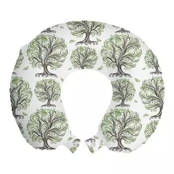 ABAKUHAUS Tree Travel Pillow Поддержка шеи, закрученные линии ботанический, пенопластовые дорожные принадлежности для самолета и автомобиля, 30x30 см, черный, зеленый, белый