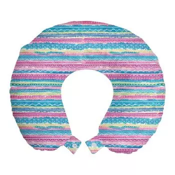 ABAKUHAUS Tribal Travel Pillow Подушка для шеи, акварельные ацтекские полосы, пенопластовые дорожные принадлежности для самолета и автомобиля, 30x30 см, сине-розовый кремовый