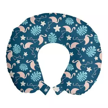 ABAKUHAUS Tropical Travel Pillow Подушка для шеи, фламинго и монстеры, пенопластовые дорожные принадлежности для самолетов и автомобилей, 30x30 см, румянец и ночной синий