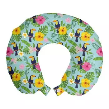ABAKUHAUS Тропическая дорожная подушка для шеи, Toucan Bird Hibiscus Art, Пенопластовые дорожные принадлежности для самолета и автомобиля, 30x30 см, Бледно-голубой, разноцветный