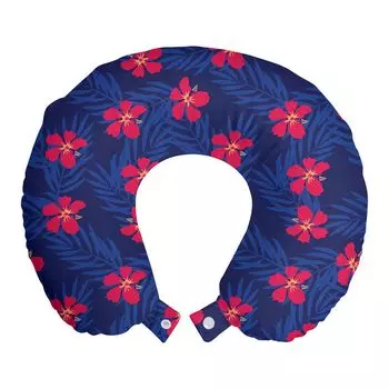 ABAKUHAUS Тропическая подушка для путешествий, поддержка шеи, Hibiscus Blossom Jungle, пенопластовый дорожный предмет для самолета и автомобиля, 30x30 см, персидский синий темно-коралловый
