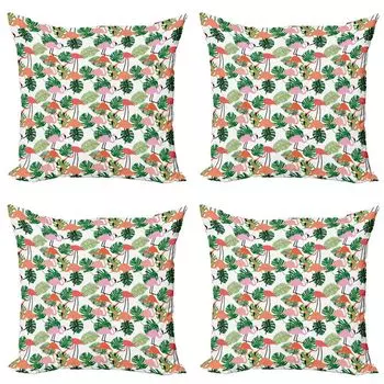 ABAKUHAUS Тропический набор чехлов для подушек (4 предмета), Hipster Flamingo Monstera, современная двусторонняя цифровая печать, 50 см x 50 см, лососево-розовый