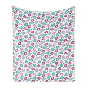 ABAKUHAUS Тропическое мягкое фланелевое флисовое одеяло, разбросанные цветы и листья на однотонном фоне, 175 x 230 см, Розовый