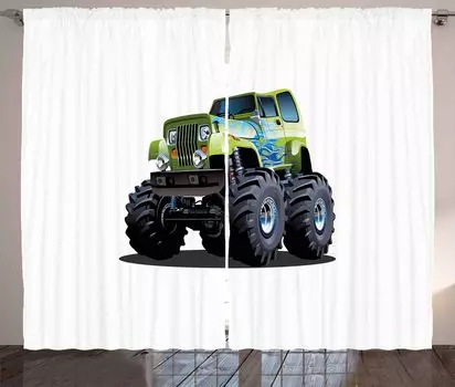 ABAKUHAUS Truck Rustic Curtain, Monster Truck Off Road, ленточная штора с рюшами для спальни, петлями и крючками, 280 x 260 см, Apple Green Dark Taupe Sky Blue