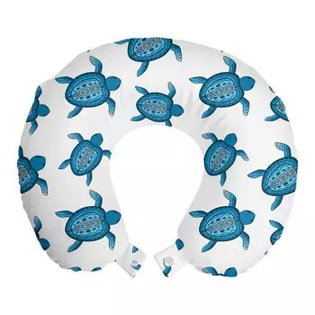 ABAKUHAUS Turtle Travel Pillow Подушка для шеи, искусство аборигенов, морское существо, пенопластовый дорожный предмет для самолета и автомобиля, 30x30 см, бирюзовыйовый синий и белый