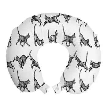 ABAKUHAUS Угольная подушка для путешествий, поддержка шеи, Cat Lover Art Playful Pets, Пенопластовые дорожные принадлежности для самолета и автомобиля, 30x30 см, угольно-серый и белый