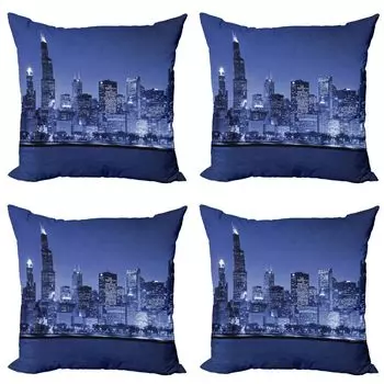 ABAKUHAUS USA Набор чехлов для подушек (4 предмета), Chicago Skyline Night, современная двусторонняя цифровая печать, 50 см x 50 см, фиолетовый синий